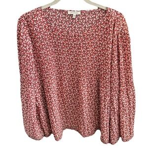MAX STUDIO Women's Blouse Top Red Pink Floral Scoop Neck Long‎ Flared Sleeve L